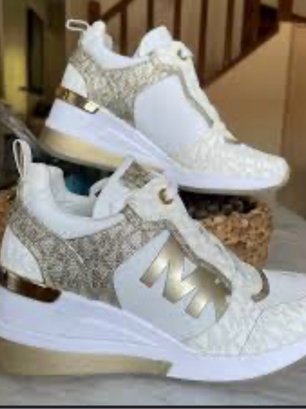 Michael Kors White and Metallic Gold Cross Trainer Platform Sneakers